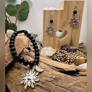 Set: Black agate bracelet and earring set/star burst and crescent moon charms